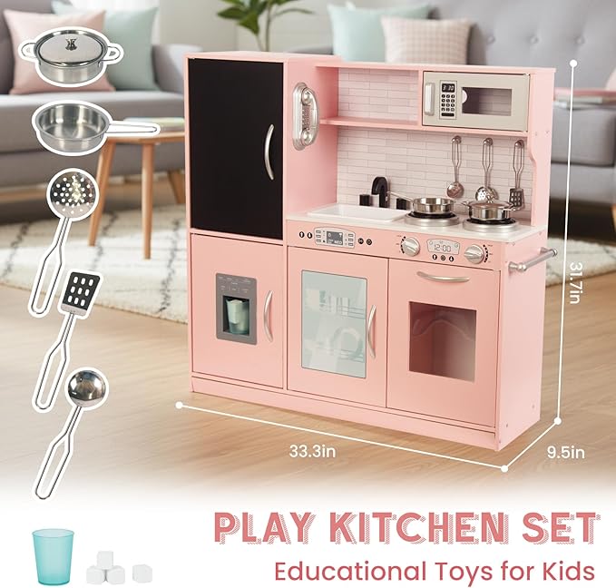 Kitchen Playset for Kids Ages 3-8, Wooden Kids Play Kitchen Chef Pretend Play Set for Toddlers, Toys Kitchen with Toy Food & Cookware Accessories