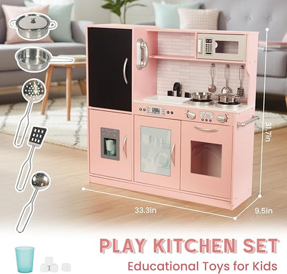 Kitchen Playset for Kids Ages 3-8, Wooden Kids Play Kitchen Chef Pretend Play Set for Toddlers, Toys Kitchen with Toy Food & Cookware Accessories