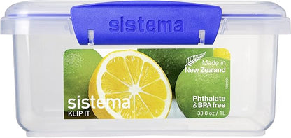 Sistema KLIP IT Rectangular Collection Food Storage Container, 33.8 oz./1 L, Clear/Blue