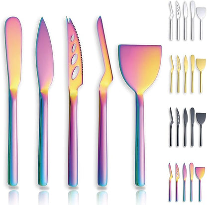 Berglander Rainbow Cheese Knife Set of 5 for All Types of Cheese, Colorful Titanium Plating Cheese Cutter Slicer Ergonomic Design for Confortable Grip and Cut, Butter Spreader Knife