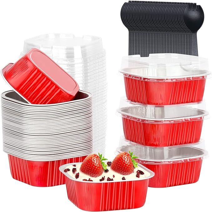 LNYZQUS Mini Cake Pans with Lids and Spoons,10oz Disposable Small Foil Baking Tins,40 Pack Individual Cake Containers for Home Bakers Bake Sales-Red,4x4 Square