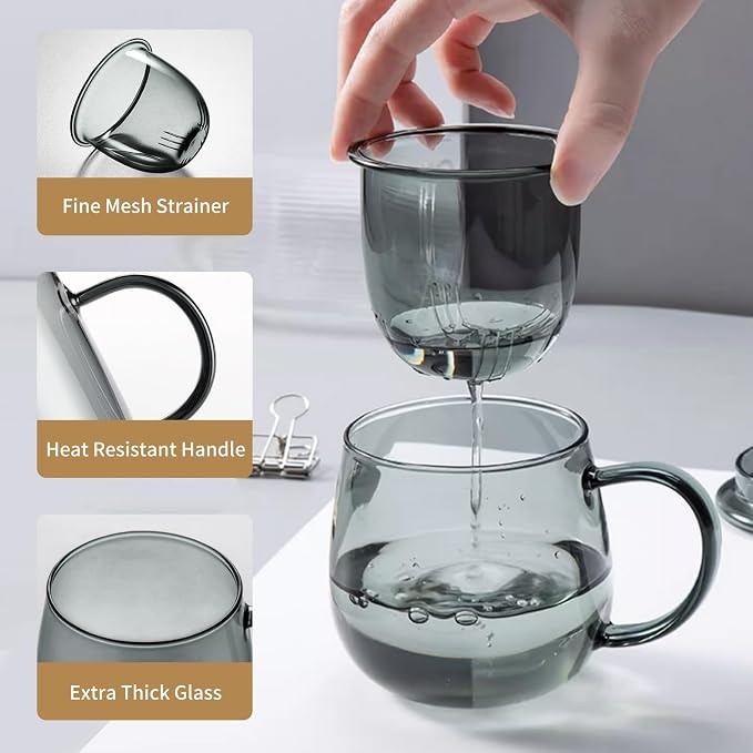 Glass Tea Cup with Infuser and Lid, 17.6oz/520ml Large Borosilicate Teacup, Clear Mug for Loose Leaf Tea, Blooming Tea, Tea Bags - Perfect Christmas or Birthday Gift for Men.