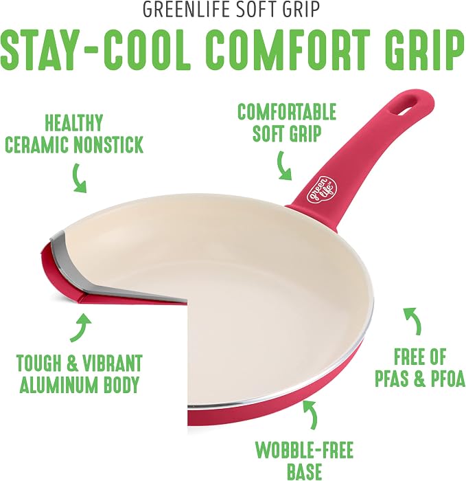 GreenLife Soft Grip 1QT and 2QT Saucepan Set, Healthy Ceramic Nonstick, Non Toxic PFAS & PFOA-Free, Dishwasher Safe, Glass Lids, Stay-Cool Handles, Easy Clean Cookware, Kitchen Essentials, Red