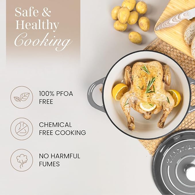 Cast Iron Dutch Oven with Lid - Non-Stick Ovenproof Enamelled Casserole Pot - Sturdy Dutch Oven Cookware - Grey, 3.1- Quart, 22cm- by Nuovva