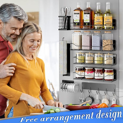 Magnetic Spice Rack for Refrigerator,8 Pack Magnetic Fridge Shelf, Moveable Spice Organizer with Hook Rack, Paper Towel Holder, Utensil Holder,cup lid holder, Super Magnetic Rack Set (Black)