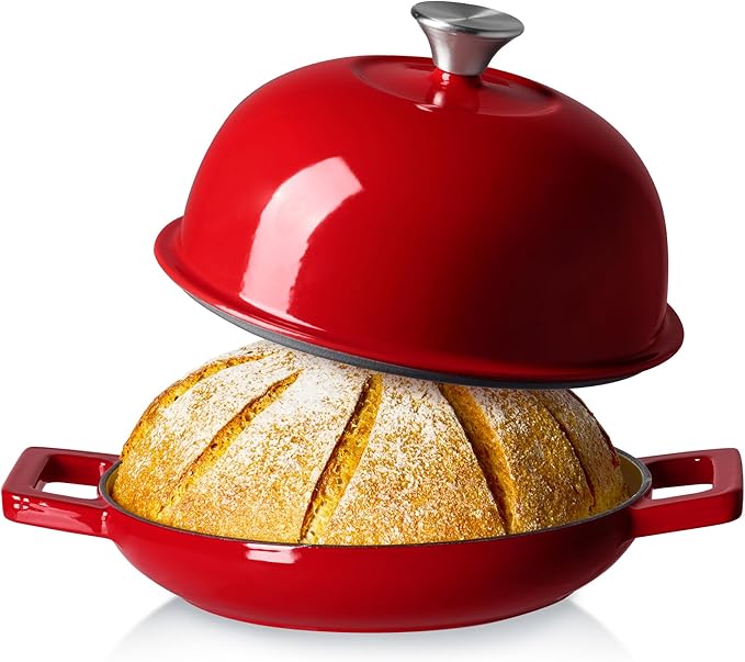 CAROTE Enameled Cast Iron Bread Dutch Oven, Round Bread Oven Pot with Dome Lid for Homemade Sourdough Bread Baking, Healthy & Non-Toxic, Dual Handles, All Stovetop Compatible, Oven Safe up to 500° F, 5 Quarts, 9 Inches, Red