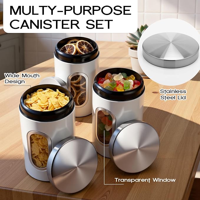 Zopeal 6 Pack White Canisters Sets For The Kitchen With See Through Window Stainless Steel Food Storage Canister Set Metal Jar for Kitchen Counter for Coffee Tea Candy Cookie