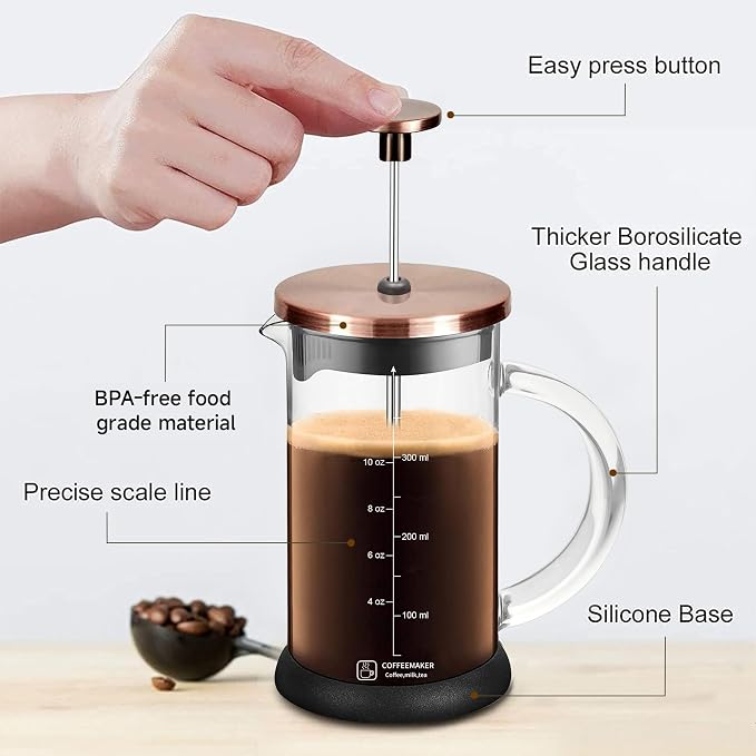YMMIND French Press Coffee Maker 12 Ounce Espresso Tea Coffee Maker with 4 Filters System, Stainless Steel Plunger and Heat Resistant Borosilicate Glass BPA-Free Brewed Tea Pot Coffee Plunger