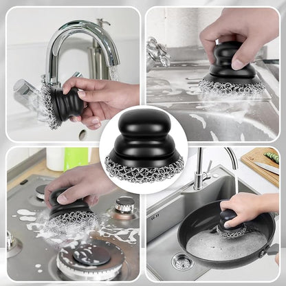 Cast Iron Scrubber (1Pack Black Coarse Mesh + 1Pack Black Fine Mesh) and and Scraper, Chain Mail Scrubber for Cleaning Stock Pots, Pans, Griddles, Grills, Cast Iron Skillets, Dish Scouring Pads