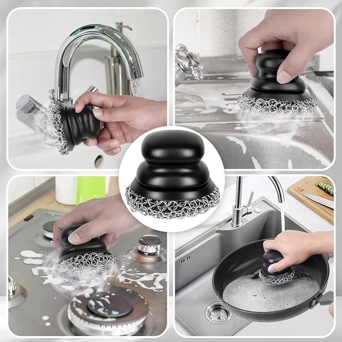 Cast Iron Scrubber (2 × Black Coarse Mesh) and and Scraper, Chain Mail Scrubber for Cleaning Stock Pots, Pans, Griddles, Grills, Cast Iron Skillets, Dish Scouring Pads