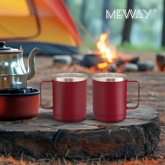 MEWAY 12oz Coffee Mug With Handle 4 Pack Bulk,Stainless Steel Insulated Travel Tumblers With Sliding Lid,Double Wall Vacuum Camping Cup for Hot & Cold Drinks Tea (Red,Set of 4)