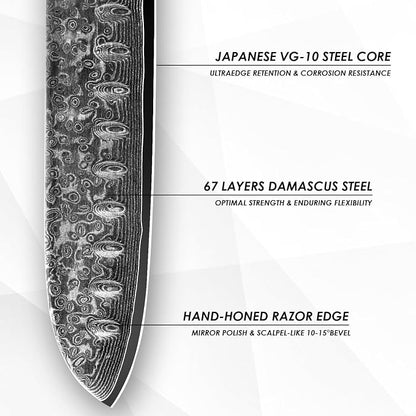 7 inch Santoku Knife, Professional Japanese VG10 Steel Damascus Knife-G10 Handle for cutting Meat,Fish,Fruit, Vegetable