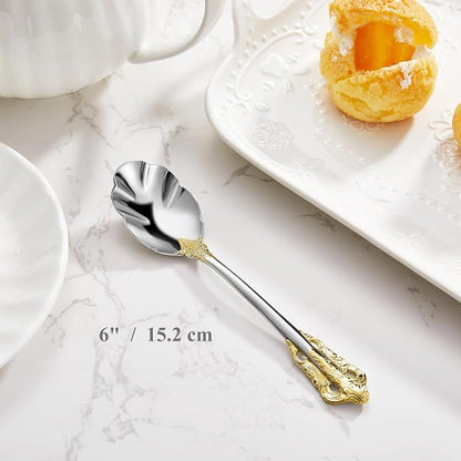 KEAWELL Premium Luxury 4-Piece 6" Tea Spoon Set, 18/10 Stainless Steel, Vintage Coffee Espresso Demitasse Spoons, Smooth Edges, Dishwasher Safe (Gold Accent)