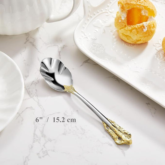 KEAWELL Premium Luxury 4-Piece 6" Tea Spoon Set, 18/10 Stainless Steel, Vintage Coffee Espresso Demitasse Spoons, Smooth Edges, Dishwasher Safe (Gold Accent)