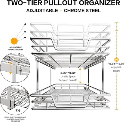 2-Tier Kitchen Cabinet Pull Out Cabinet Organizer,Shelf and Drawer Organizer Slide Out Pantry Storaqe Basket in Multiple Sizes (17" W x 21" D)