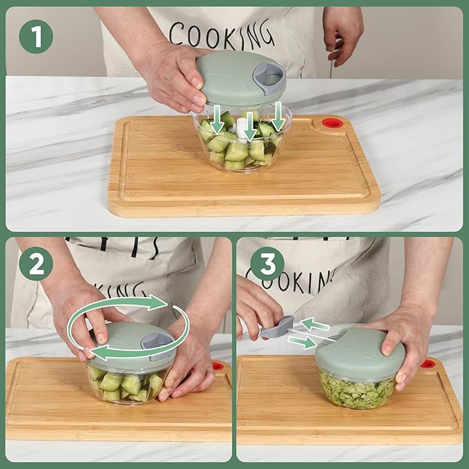 LGURT Garlic Chopper with Container, Manual Food Chopper Pull-String, Vegetable Onion Mincer, Hand Food Processor, Kitchen Cutter for Chili Ginger Herb Seasoning, Green 500ml