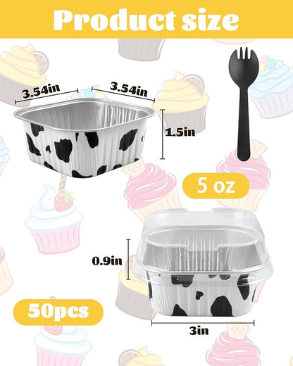 50 Pack 5oz Square Mini Cake Pans with Lids and Spoons,Aluminum Foil Baking Cups,Disposable Mini Loaf Pans Ramekins for Brownie, Cheesecake, Mousse & Wedding Party Favors-Cowprint
