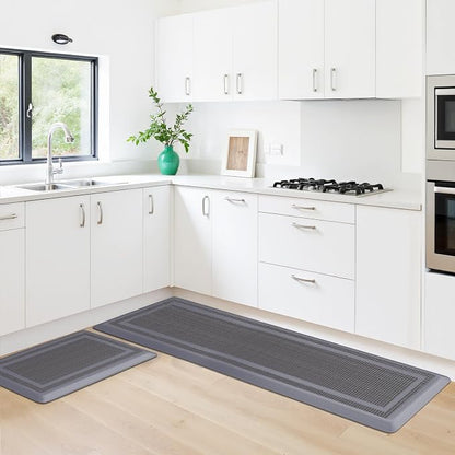 KitchenClouds [2 PCS] Kitchen Rugs Cushioned Anti-Fatigue Kitchen Mats for Floor Waterproof Kitchen Rug Set Non-Slip Comfort Standing Mat for Office, Sink, Laundry 20"×30"+20"×60", Grey