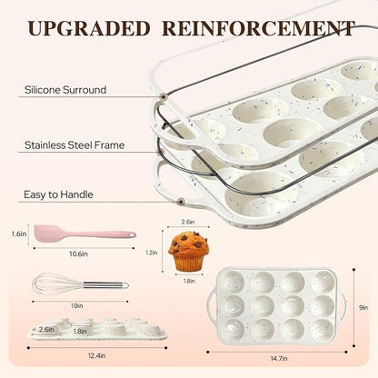 2 Pack Silicone Muffin Pans for Baking, 12 Cup Cupcake Pan with Metal Reinforced Frame, 3 Baking Tools Included, Nonstick Molds for Homemade Muffins, Cupcakes, Egg Bites, Oven Dishwasher Safe