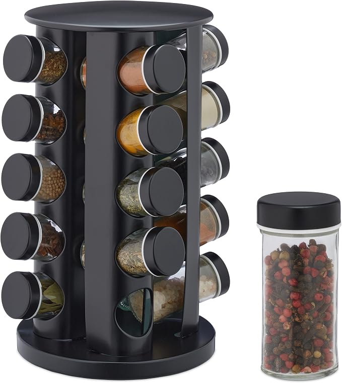 Relaxdays Spice Carousel with 20 Spice Jars, Includes Shaker Insert, Rotating Refillable Spice Rack for Kitchen, Black