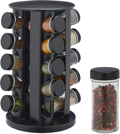 Relaxdays Spice Carousel with 20 Spice Jars, Includes Shaker Insert, Rotating Refillable Spice Rack for Kitchen, Black