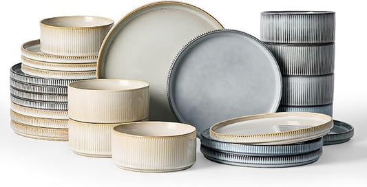 Famiware Star 24-Piece Plates and Bowls Set with Trim, Service for 8 - Stoneware Reactive Glaze Dinnerware, High Edge Ribbed Dishes, Chip & Scratch Resistant, Microwave & Dishwasher Safe, White & Blue
