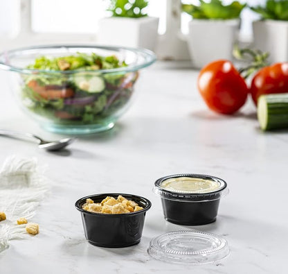 2 oz - 100 Sets Black Diposable Plastic Portion Cups With Lids, Small Mini Containers For Portion Controll, Jello Shots, Meal Prep, Sauce Cups, Slime, Condiments, Medicine, Dressings, Crafts