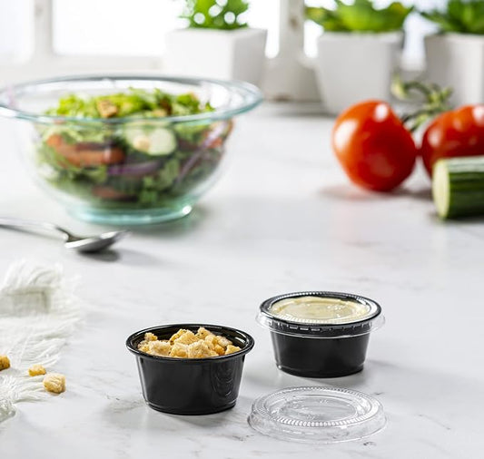 2 oz - 100 Sets Black Diposable Plastic Portion Cups With Lids, Small Mini Containers For Portion Controll, Jello Shots, Meal Prep, Sauce Cups, Slime, Condiments, Medicine, Dressings, Crafts