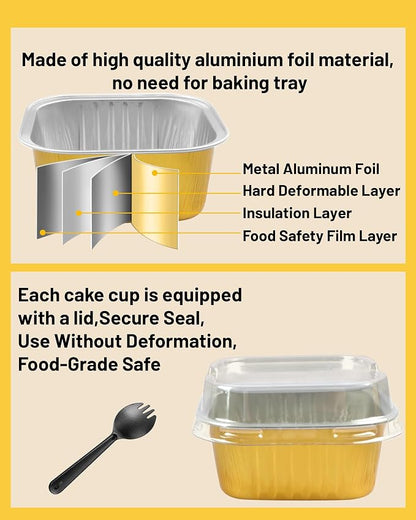 30 Pack 5oz Square Mini Cake Pans with Lids and Spoons,Aluminum Foil Baking Cups,Disposable Mini Loaf Pans Ramekins for Brownie, Cheesecake, Mousse & Wedding Party Favors-Gold