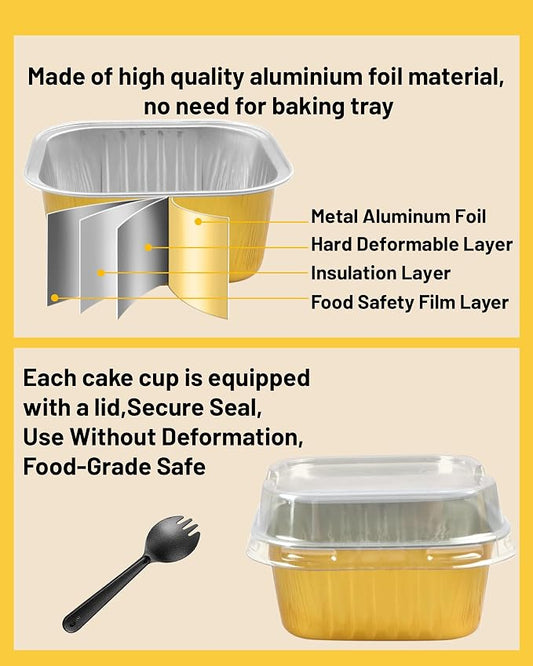 30 Pack 5oz Square Mini Cake Pans with Lids and Spoons,Aluminum Foil Baking Cups,Disposable Mini Loaf Pans Ramekins for Brownie, Cheesecake, Mousse & Wedding Party Favors-Gold