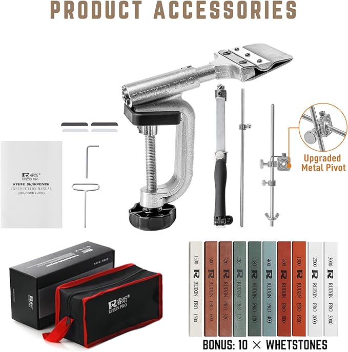 Upgraded RUIXIN PRO RX-008 Professional Knife Sharpener with 10 Whetstones, 360° Rotation Flip Design Fixed-Angle Stainless Steel Kitchen Chef Knife Sharpening Kit Abrasive Holding System Tools