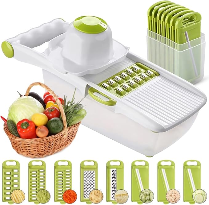 Mandoline Slicer for Kitchen, Adjustable Mandoline Food Slicer, Vegetable Slicer, Potato, Onion, Cucumber, Veggie Slicer, Multifunctional Vegetable Chopper with Container, Essential Kitchen Gadgets