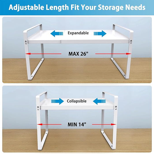 Expandable Cabinet Shelf Organizer 14-25 Inch Adjustable Length, 11" Wide 2-Tier (8" Bottom Layer) Metal Storage Rack for Kitchen Pantry, Under Sink Countertop - Heavy Duty White(2 Pack)