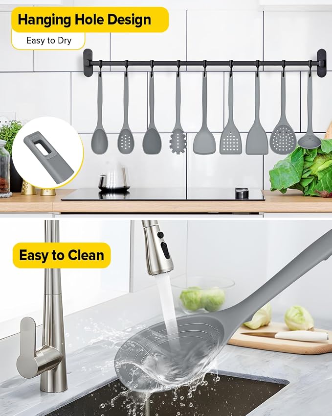 Silicone Cooking Utensils Set, 9 Pcs Heat Resistant Kitchen Utensils with Back Hooks, BPA Free Kitchen Tools with Spatulas, Spoons, Skimmer and Pasta Fork for Non Stick Cookware (GRAY)