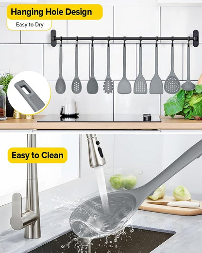 Silicone Cooking Utensils Set, 9 Pcs Heat Resistant Kitchen Utensils with Back Hooks, BPA Free Kitchen Tools with Spatulas, Spoons, Skimmer and Pasta Fork for Non Stick Cookware (GRAY)