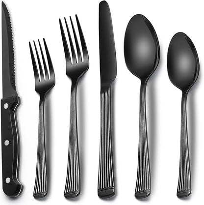 EWFEN 24-Piece Black Silverware Set with Steak Knives, Black Flatware Set for 4, Food-Grade Stainless Steel Tableware Cutlery Set, Mirror Finished Utensil Sets for Home Restaurant, Roman Column