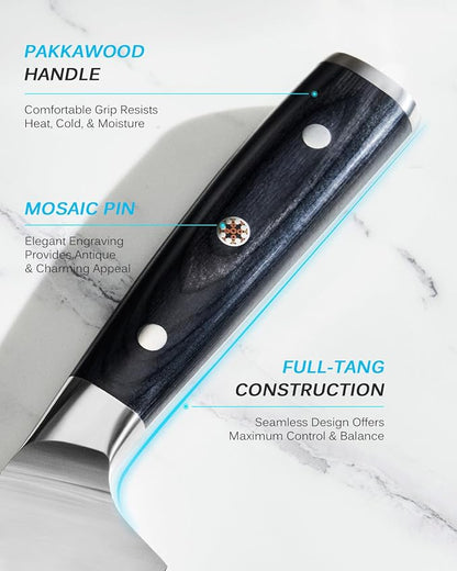 KYOKU 8" Chef Knife, Samurai Series Meat Cutting Knife with Pakkawood Handle & Mosaic Pin, Japanese Style High Carbon Steel Knives, Full Tang knives for Vegetable Fruit with Sheath and Case