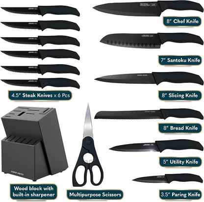 Home Hero Kitchen Knife Set - 15 PCS Black Knife Set with Block and Sharpener - Stainless Steel Knife Set - Ergonomic Handles - Includes Steak Knives Set of 6 - Knife Block Set for Kitchen