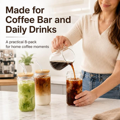 Glass Cups with Lids and Straws Set of 8, 16 oz Can Glasses with Bamboo Lids and Glass Straws, Iced Coffee Cups for Coffee Bar, Cold Brew, Matcha, Soda and Daily Drinks