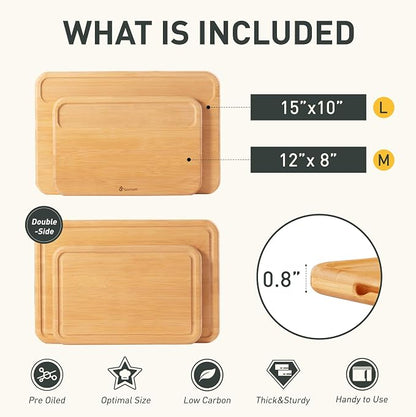 2 Packs Natural Wood Cutting Board Set Non Toxic Bamboo Cutting Boards with Juice Groove Wooden Chopping Board Ideal Charcuterie for Meat Fruit Vegetables Cheese Hardwood Kitchen Counter Kit