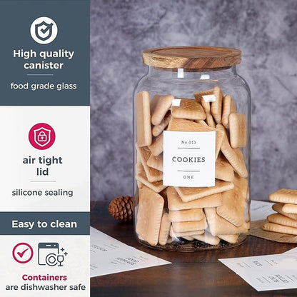1 Gallon Large Glass Cookie jar with Airtight Acacia lids - Thicken Big Food Storage Containers with 42 Kitchen Waterproof Pantry Labels Preprinted - Clear Glass Canister for Flour, Rice, Coffee