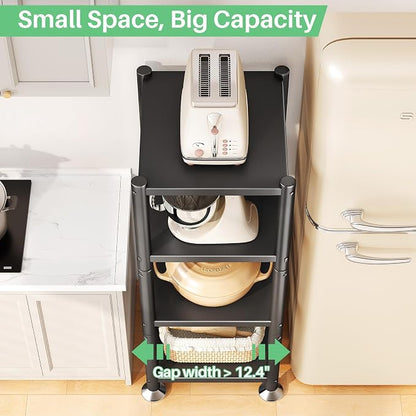 PXRACK Storage Shelves with Rolling Wheels, Adjustable 4 Tier Metal Shelving Unit for Storage Heavy Duty, Small Storage Rack Shelf for Corner of The Kitchen Bathroom Living Room Garage Office, Black