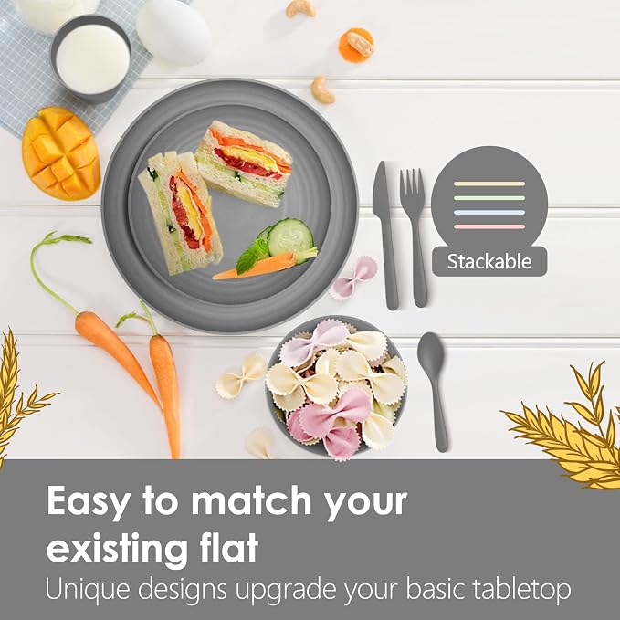 Teivio 32-Piece With Flatware Kitchen Plastic Wheat Straw Dinnerware Sets, Service for 8, Dinner Plates, Dessert Plate, Cereal Bowls, Cups, Unbreakable Plastic Outdoor Camping Dishes, Grey