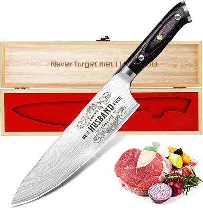 Funistree Gifts for Husband Men Him Anniversary Fathers Day, 8 inch Professional German 1.4116 Chef Knife, Engraved Best Husband Ever Knife Gift, Birthday Gifts for Men