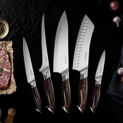 VEVOR Kitchen Knife Set, 5 Piece High Carbon Stainless Steel Sharp Knife Set, Durable and Rust-Resistant, Professional Kitchen Cutlery with Ergonomic Crack-Resistant Handle, for Precise Cutting