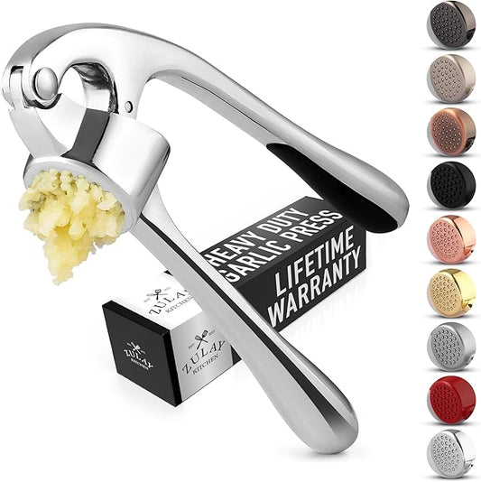 Zulay Kitchen Premium Garlic Press - Durable Garlic Masher with Soft, Easy to Squeeze Handle - Garlic Mincer Tool - Sturdy Easy to Clean Garlic Crusher (Chrome)