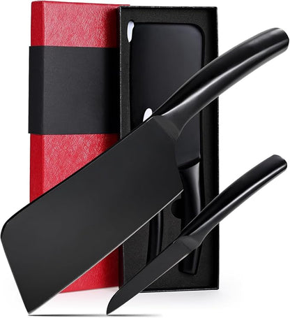 SHI BA ZI ZUO Chopping Knife and Fruit Knife,Black Ti Coating Kitchen Knife Set Meat Bone Chopper Meat knives Paring knives with Anti-Slip Hollow Handle