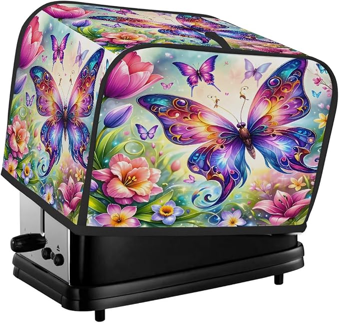 Flower Butterfly Toaster Cover 2 Slice Wide Slot Washable Toaster Covers | Color Art Dust and Fingerprint Protection Bread Maker Covers for Kitchen Accessories Decor Bakeware Women Gift