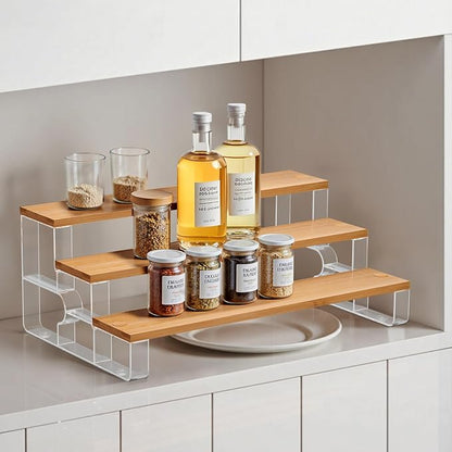junyuan Spice Rack Organizer for Cabinet,3 Tier Spice Organization for Kitchen,Bathroom Organizers and Storage,Seasoning Countertop Shelf,Bamboo Display Shelves Racks,Clear 11.2"