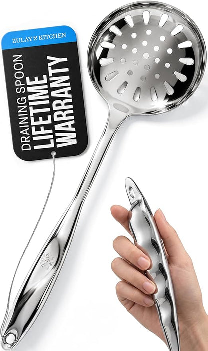 Zulay Kitchen Stainless Steel Slotted Spoon - 14.5” Large Skimmer Frying Spoon for Draining & Serving - Heat-Resistant, Rust-Proof & Dishwasher Safe Kitchen Utensil for Everyday Use